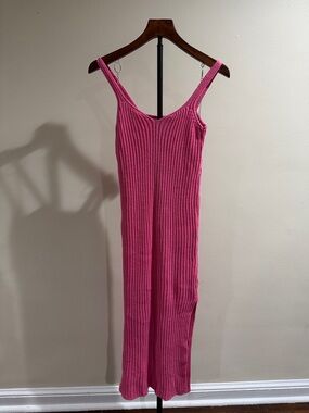 PrettyLittleThing Pink Ribbed Knit Midi Dress with Side Slit (Size 10)